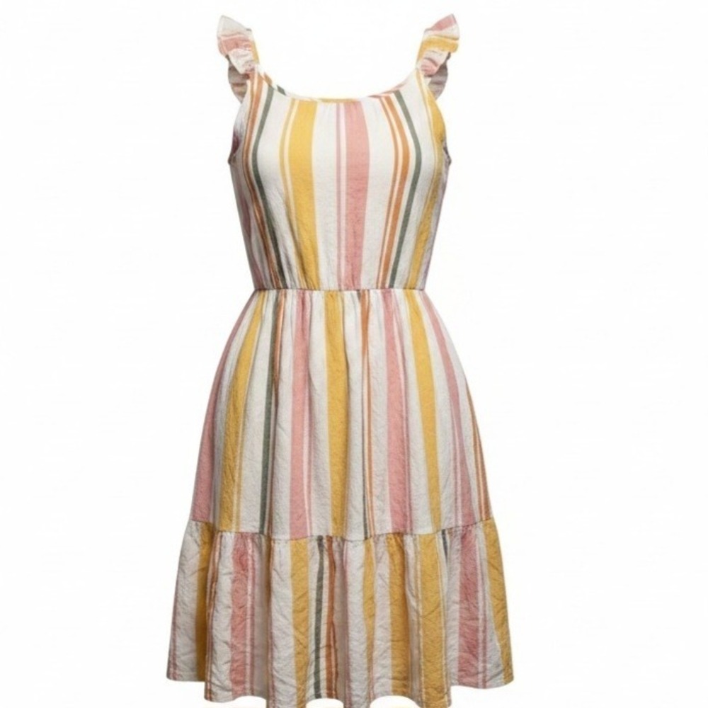 Absolutely Famous Women Striped Ruffle Strap Tiered Midi Dress Size Large - Picture 2 of 4